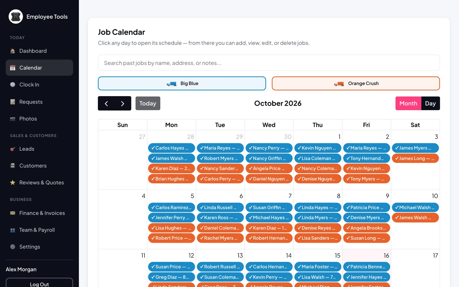 Job calendar with every job color-coded by truck
