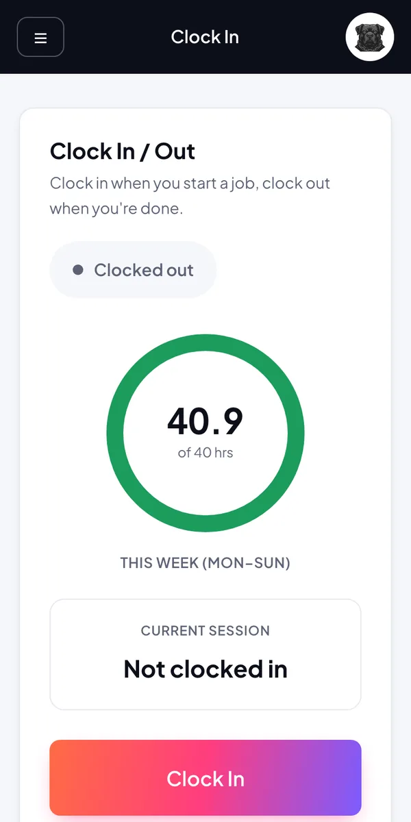 Crew member's phone showing the clock in screen and hours this week