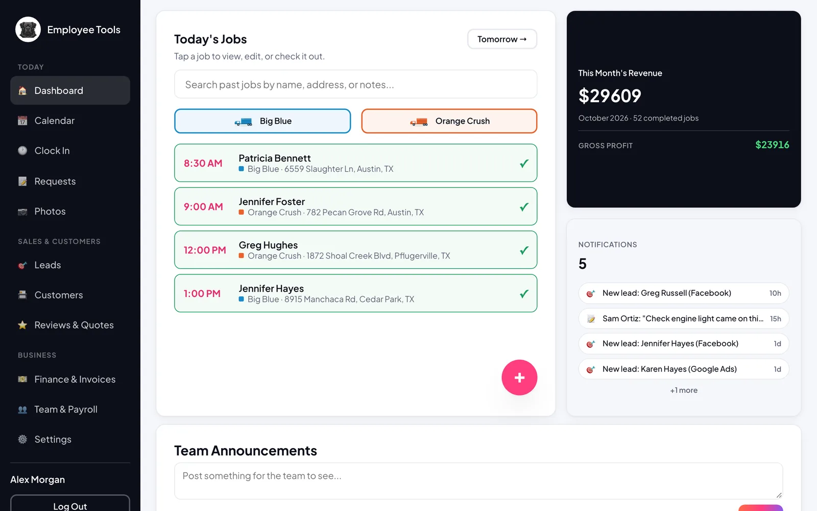 CRM dashboard showing today's jobs by truck, this month's revenue and gross profit, and crew notifications