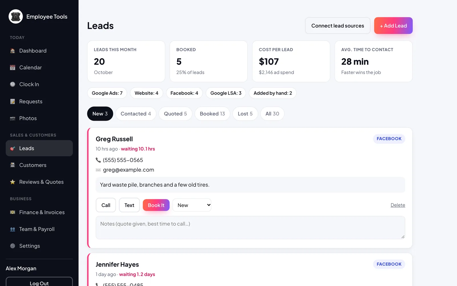 Leads page with new leads by source, cost per lead, and time to contact