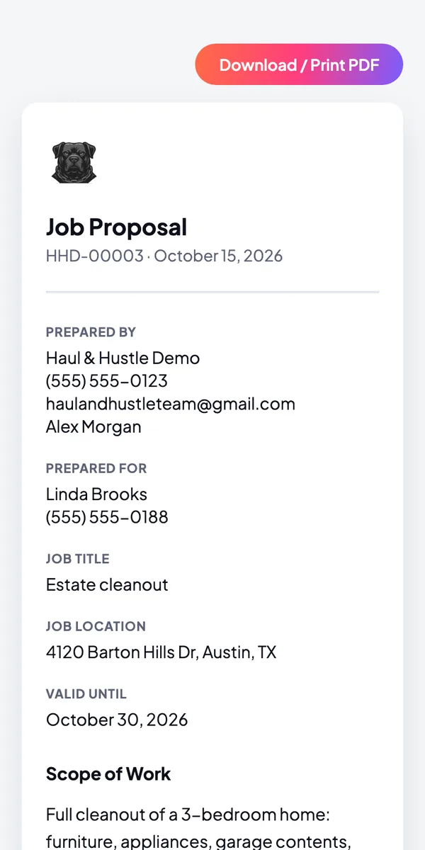 Branded job proposal on a customer's phone